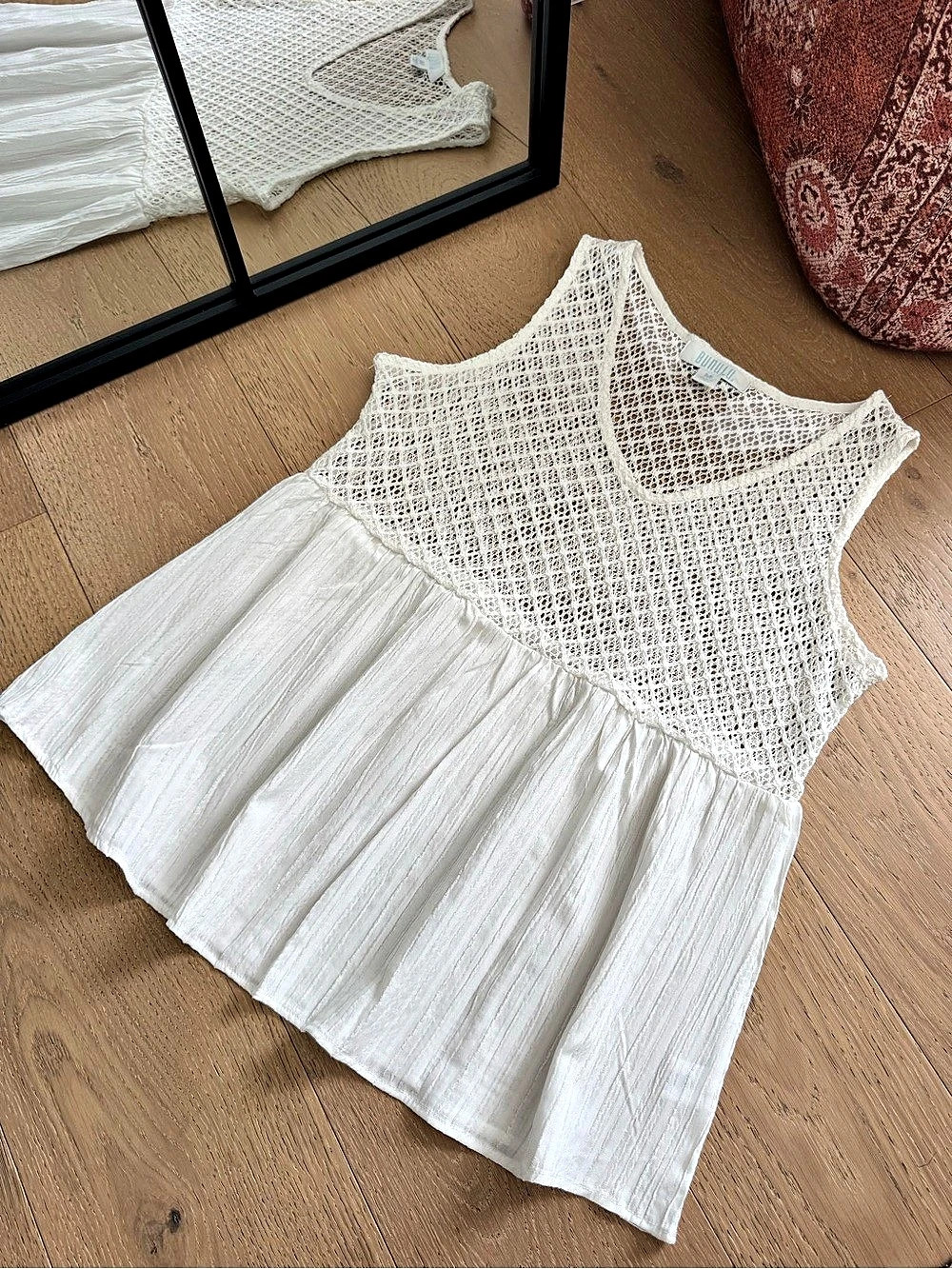 BUNULU White Crochet Lace Babydoll Tank Top| Summer Flowy Crochet Vacation